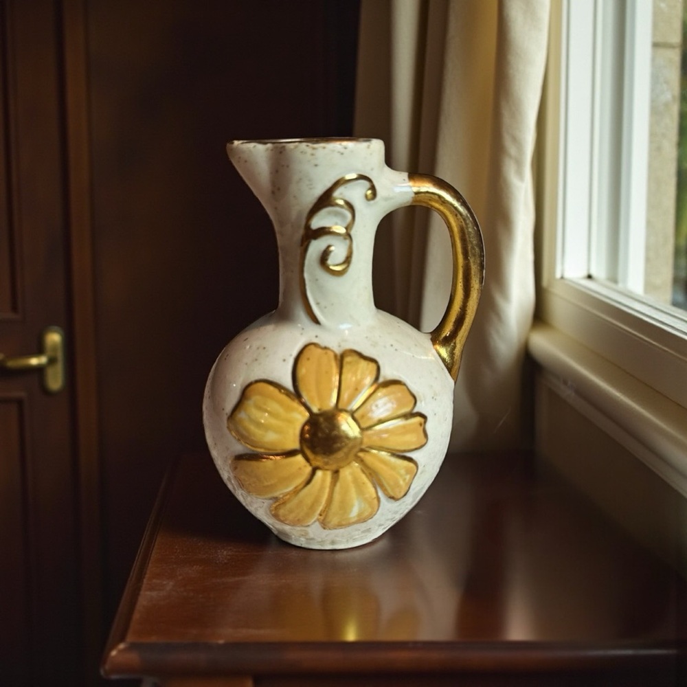 Vintage 22k Gold Painted and Yellow Cream Floral Vase